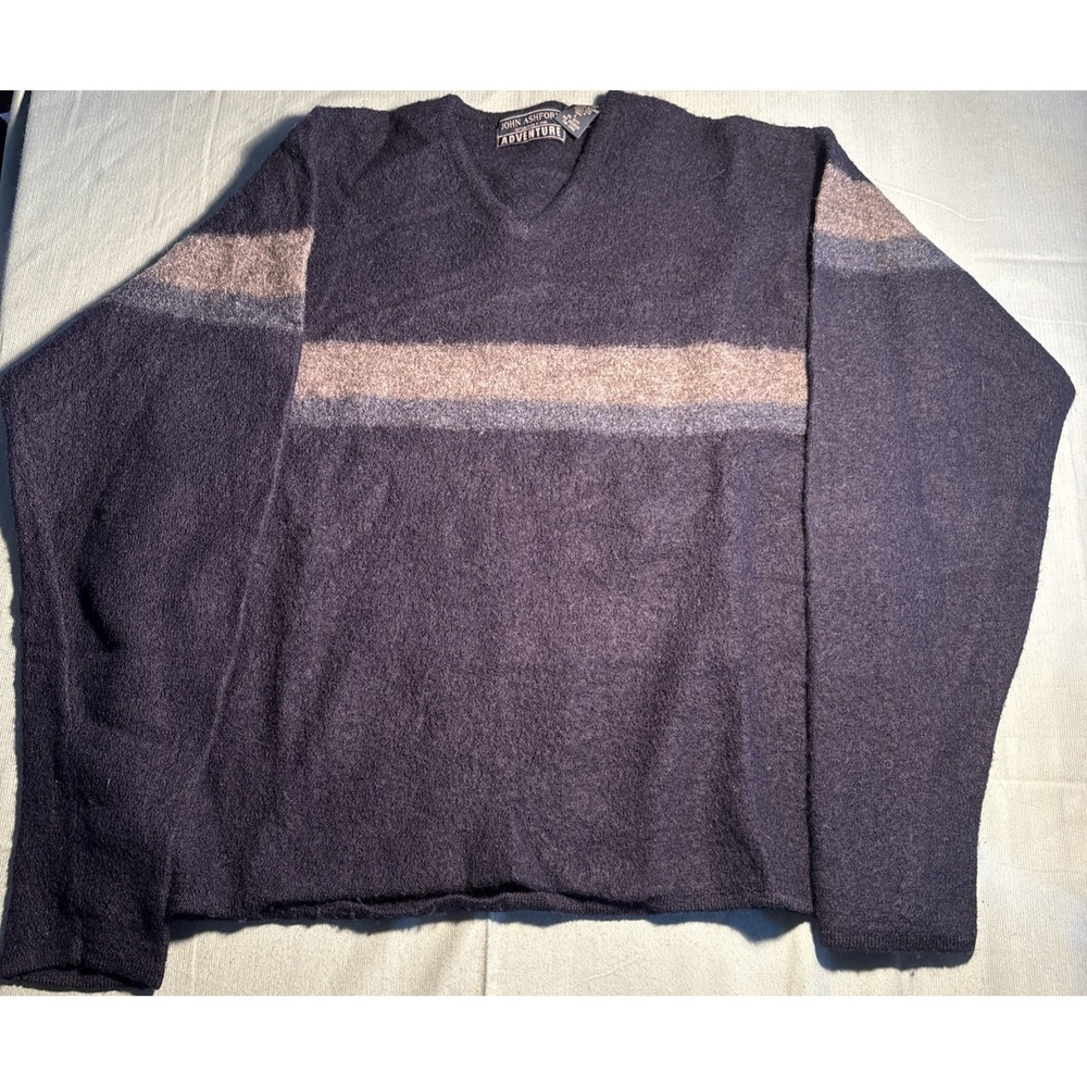 John Ashford Adventure Mens Large Navy Blue 100% Pure New Wool V-Neck Sweater